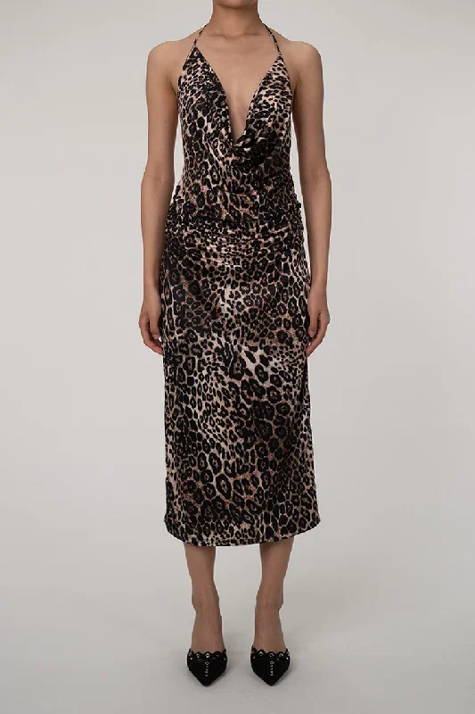 Sexy Leopard Cowl Neck Halter Tie Sleeveless Ruched Cocktail Midi Dress Vacation midi dresses