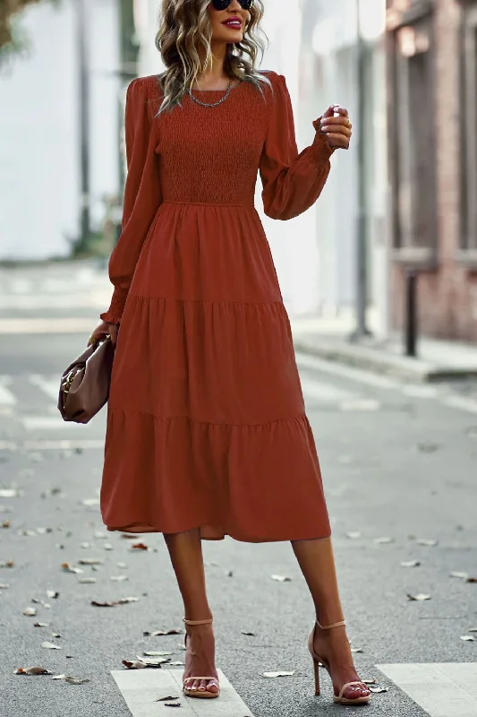 Smocked Long Puff Sleeve Tiered Midi Dress Best midi dresses for formal events