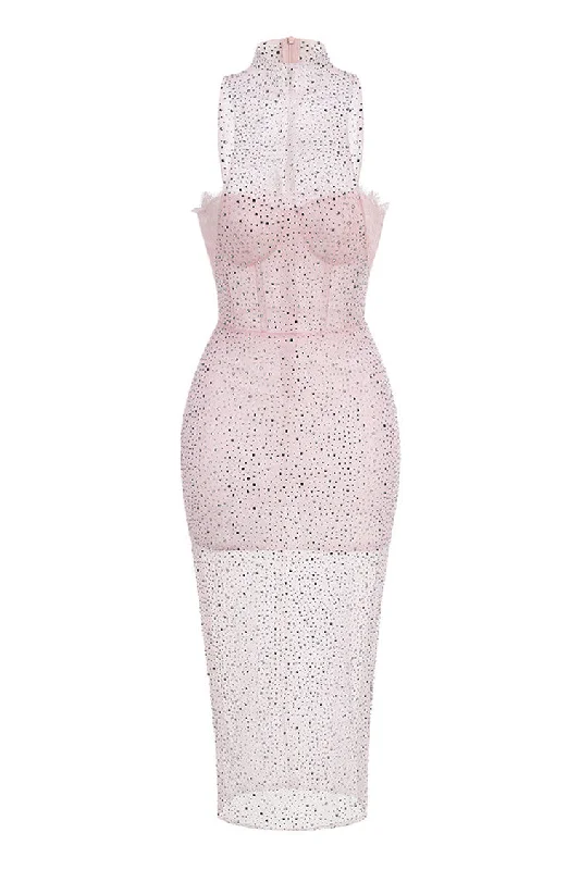 Sparkly Rhinestone Illusion Neck Lace Bra Bodycon Sheer Mesh Midi Dress Wrap midi dresses