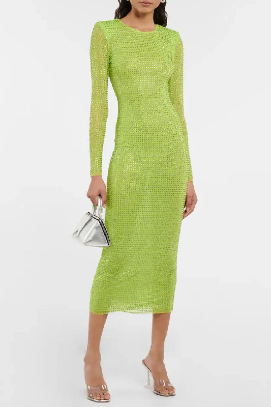 Sparkly Rhinestone Long Sleeve Bodycon Mesh Sheer Midi Dress - Sage Green Minimalist midi dresses