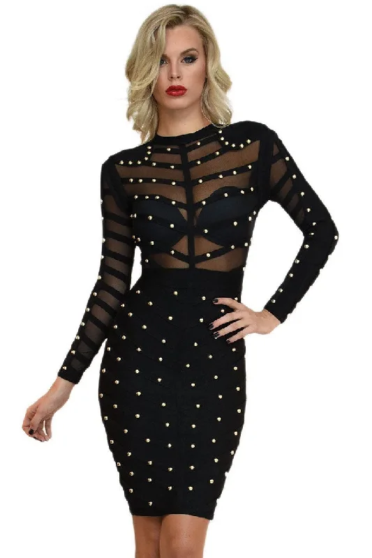 Trendy Studded Long Sleeve Mesh Bandage Cocktail Party Midi Dress - Black Elegant midi dresses