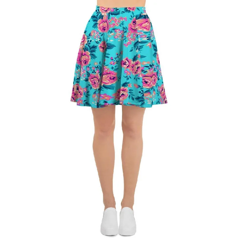 Pink And Blue Rose Floral Women's Skirt A-line unclassified skirts