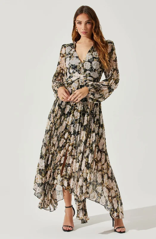 Ayana Floral Pleated Long Sleeve Maxi Dress Sexy little black maxi dresses