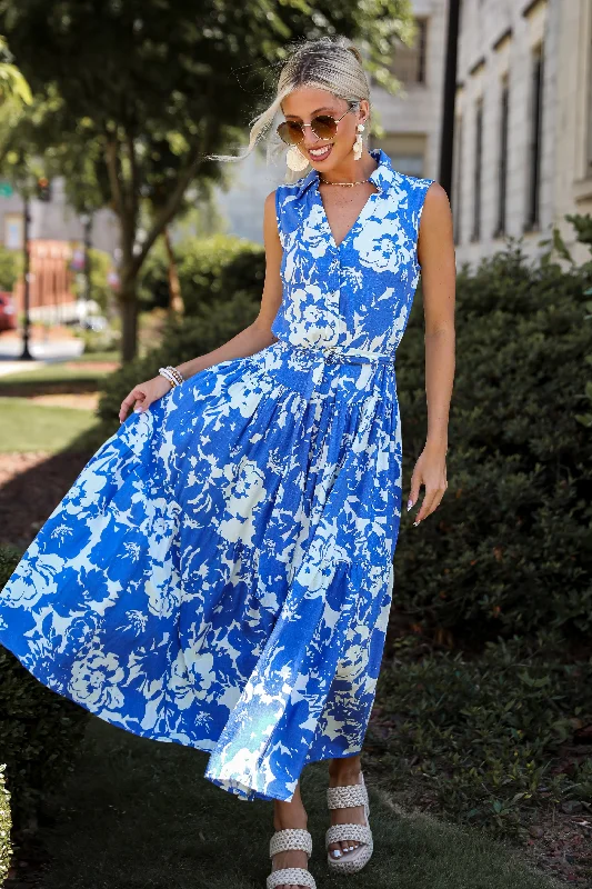 Charming Pose Royal Blue Floral Linen Maxi Dress Lace maxi dresses