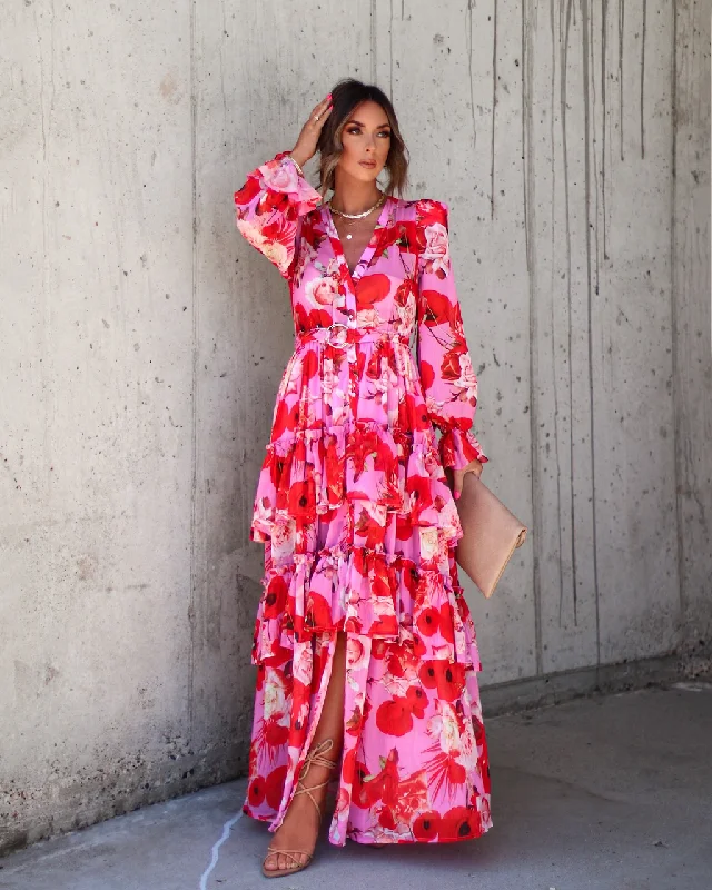 Mon Cheri Floral Chiffon Tiered Belted Maxi Dress Vintage maxi dresses