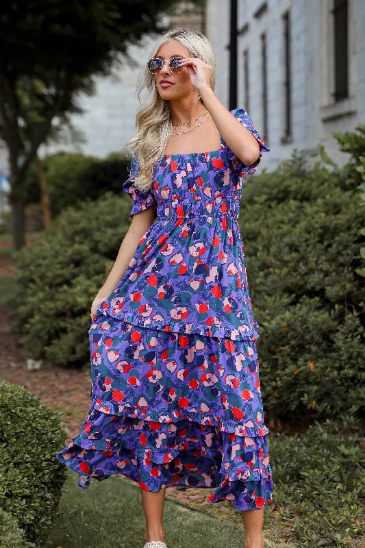 Wonderfully Sweet Purple Floral Maxi Dress Ruffled maxi dresses