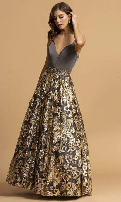 Aspeed Design - Sequin Embroidered Gown L2245 - 1 pc Charcoal Gold In Size M Available Casual party dresses