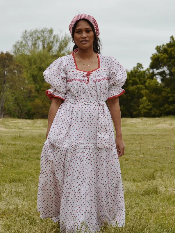 100% RECYCLED COTTON - MORNING SONG HAND SMOCKED TIERED DRESS - STRAWBERRY EMBROIDERED COTTON Ruffled unclassified dresses