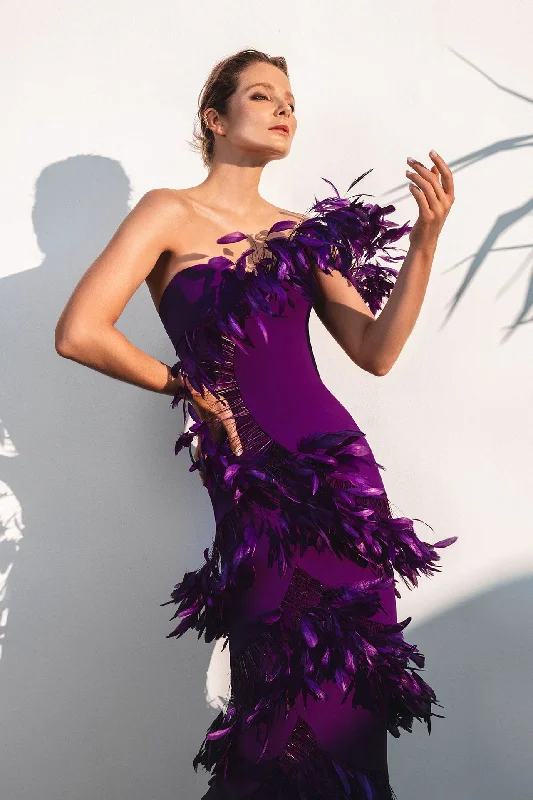 Asymmetric dress in purple silk crepe and ruffled plume Stretchy unclassified dresses