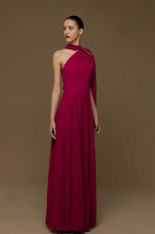 Asymmetrical neckline draped bodice pleated gown Anniversary unclassified dresses