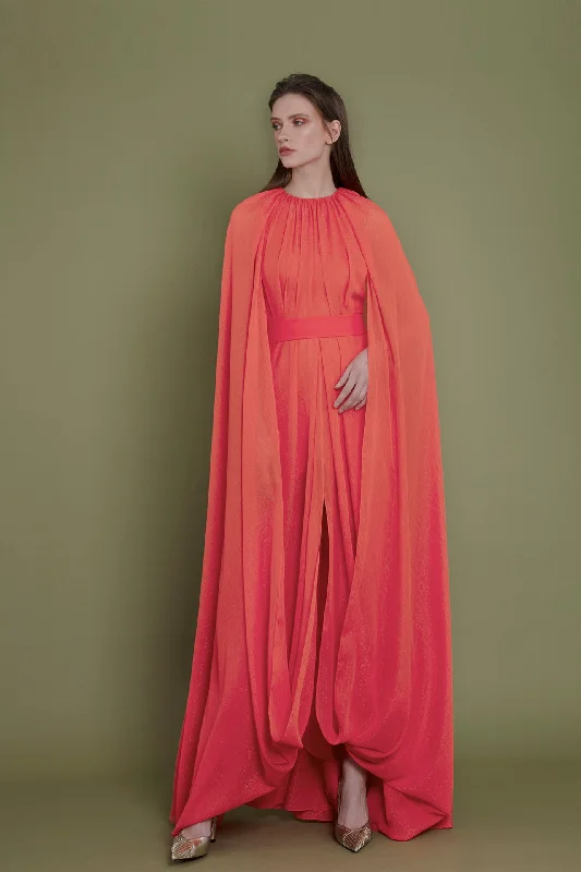 Belted waistline cape attached chiffon dress Ruched unclassified dresses