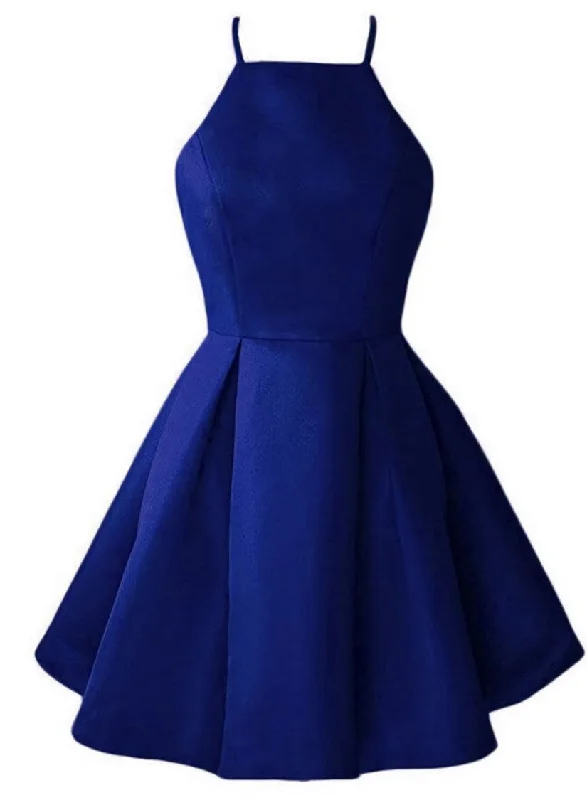 Blue Satin Halter Knee Length Bridesmaid Dress, Royal Blue Homecoming Dress Travel unclassified dresses