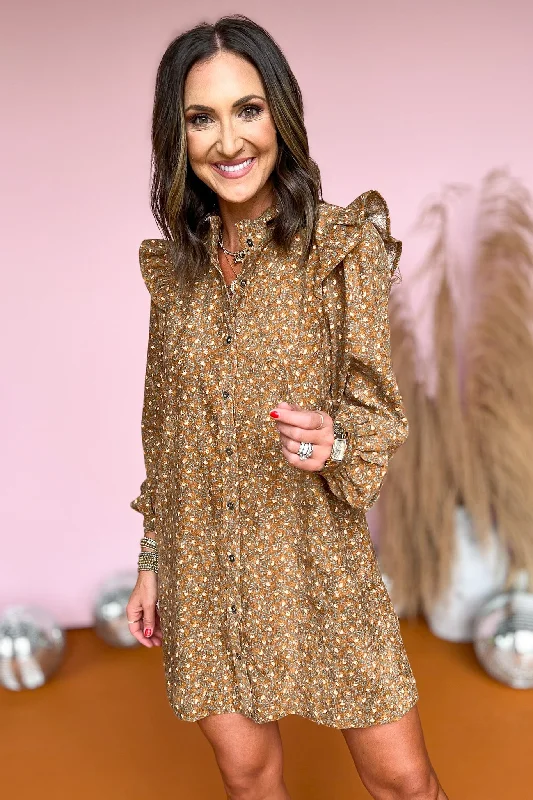 Brown Print Frilled Neck Ruffle Shoulder Detail Button Up Dress Versatile floral dresses for all occasions