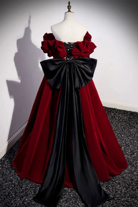 Burgundy Velvet Off the Shoulder Floor Length Prom Dress Satin unclassified dresses