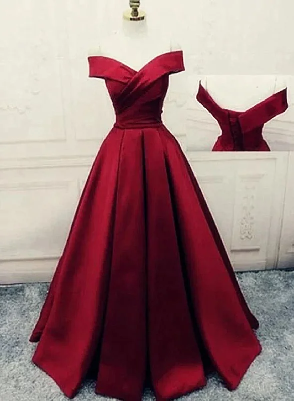 Charming Dark Red Satin A-line Off Shoulder Gown, Prom Dress Ruched unclassified dresses