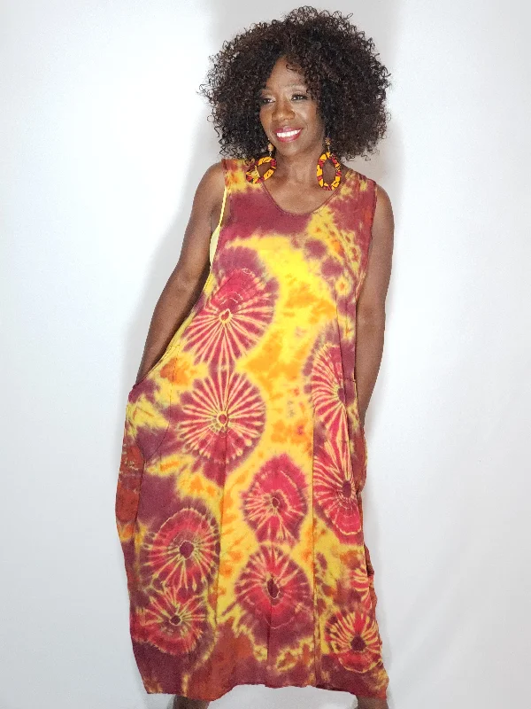 Tie Dye Racer Back Dress- Yellow, Maroon, Red Stretchy unclassified dresses