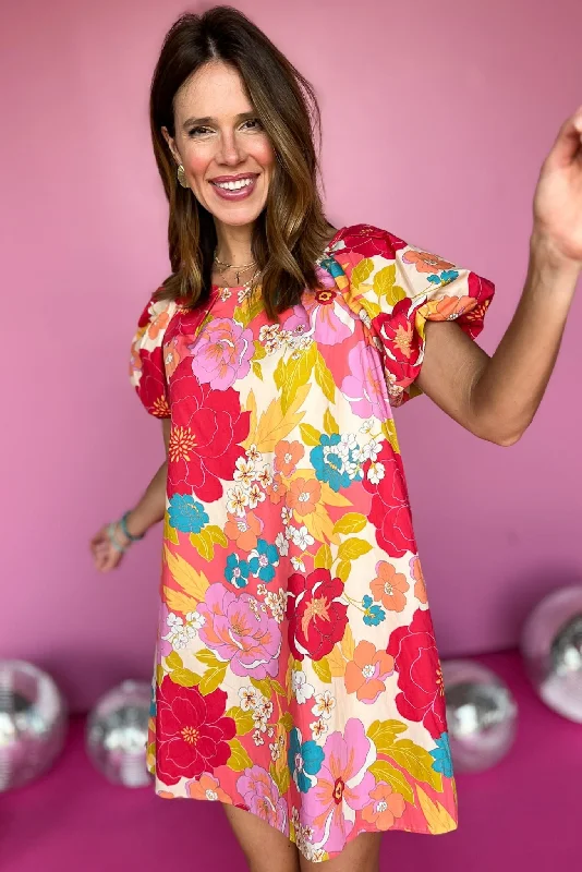 Coral Multi Floral Print Poplin Short Puff Sleeve Dress Anniversary floral dresses