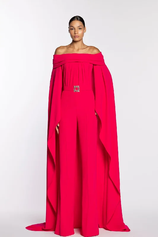 Crepe jumpsuit featuring draped collar Ruffled unclassified dresses