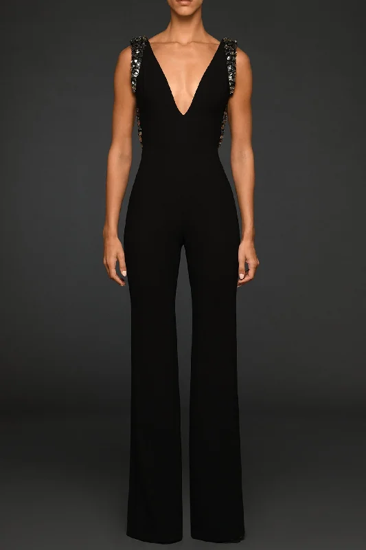 Crepe jumpsuit with embroidered shoulders and back One-shoulder unclassified dresses