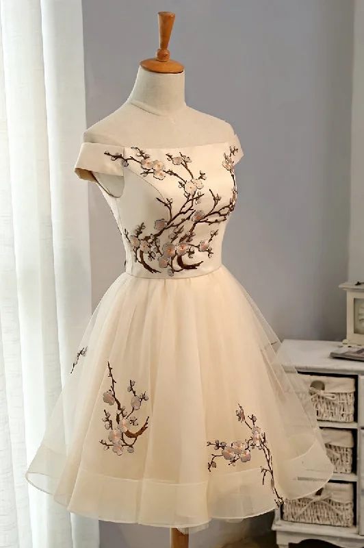 Cute Champagne Off Shoulder Knee Length Prom Dress , Lovely Formal Dress Formal unclassified dresses