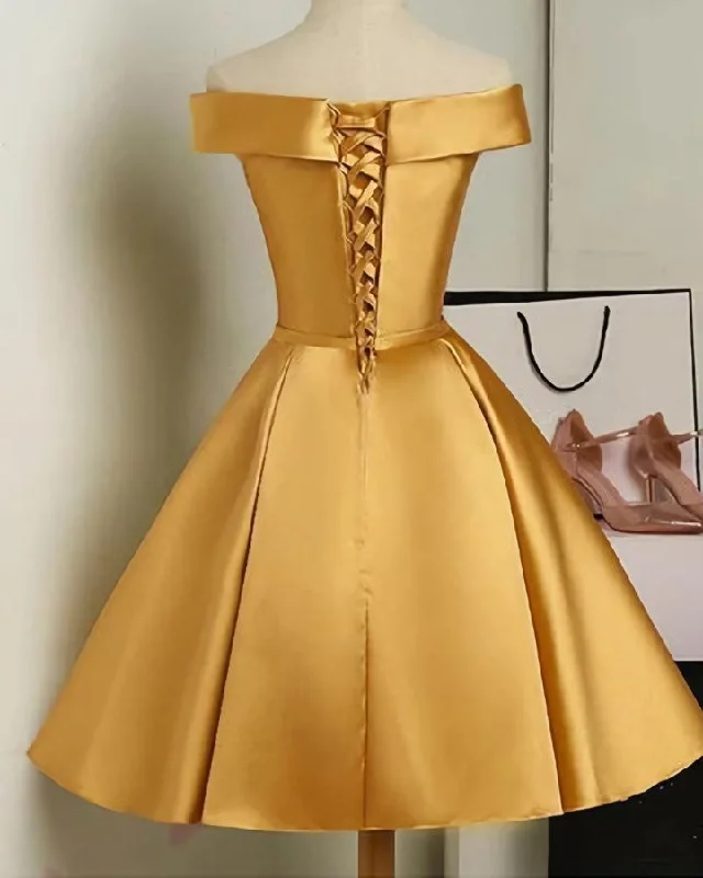 Cute Satin Knee Length Off Shoulder Homecoming Dress, Prom Dress Casual chic unclassified dresses