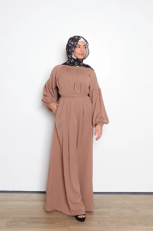 Deluxe Soft Balloon Sleeve Dress- Tan Metallic unclassified dresses