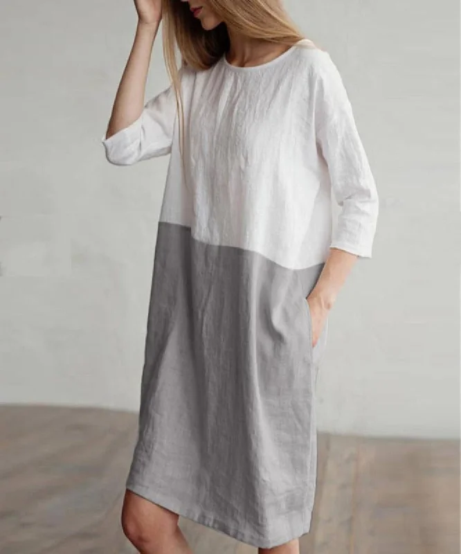 Patchwork 1/2 Sleeved Cotton Linen Oversize Loose Pockets Tunic Best-selling unclassified dresses