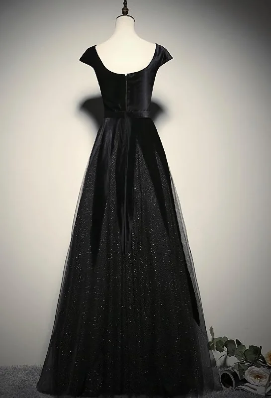 Elegant Black Velvet Cap Sleeves Evening Dress, Black Prom Dress Breathable unclassified dresses