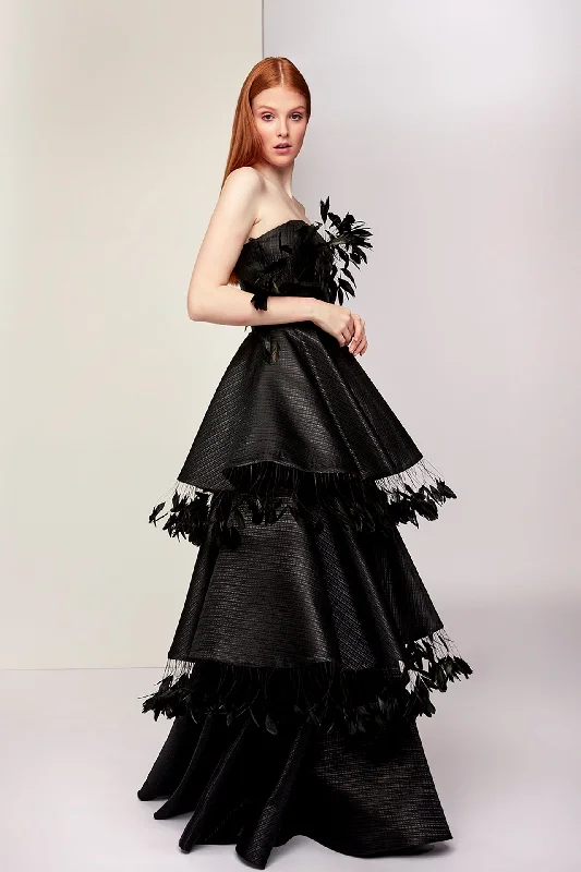 Feather detailed strapless tiered gown Ruched unclassified dresses