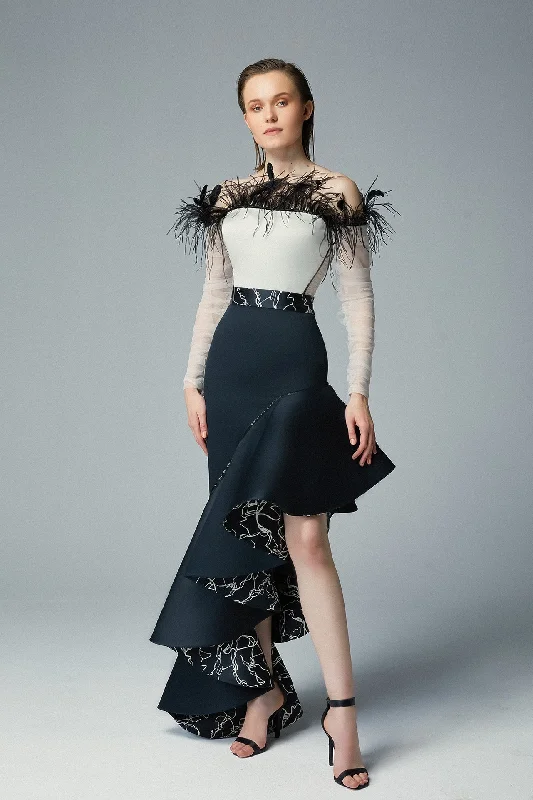 Feathered neckline pleated sleeves ruffled dress Elegant evening unclassified dresses