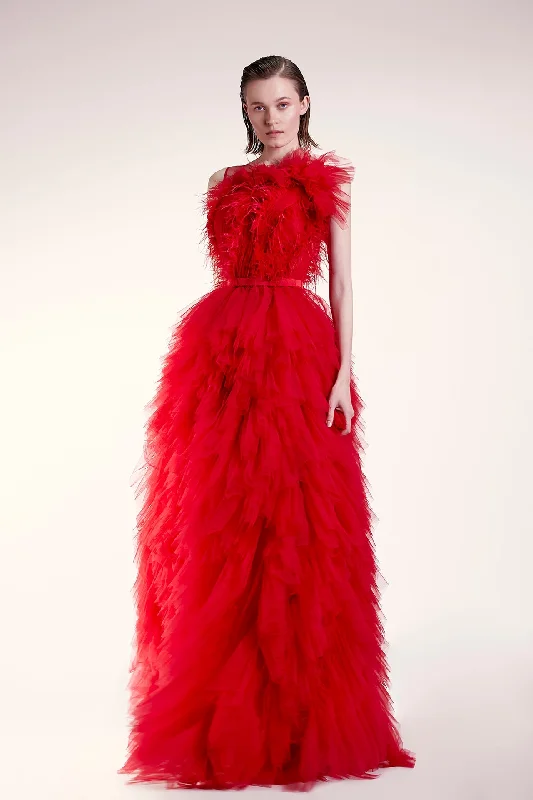 Fully ruched and feathered gown Breathable unclassified dresses