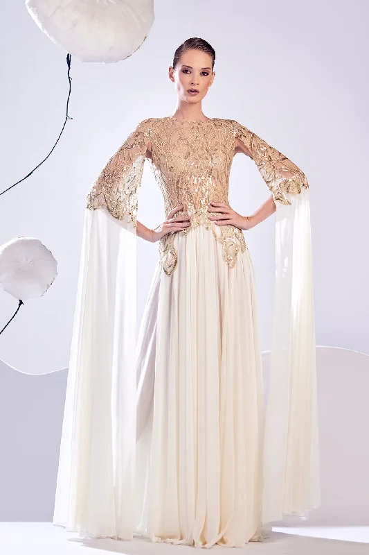 Gold embroidered chiffon dress Lace unclassified dresses