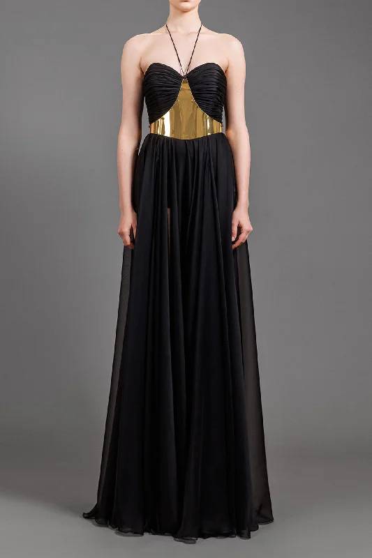 Gold metal belted chiffon dress Flowy unclassified dresses