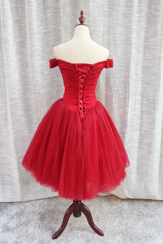 Gorgeous Sparkle Beaded Off Shoulder Red Formal Dress, Red Homecoming Dresses Budget-friendly unclassified dresses