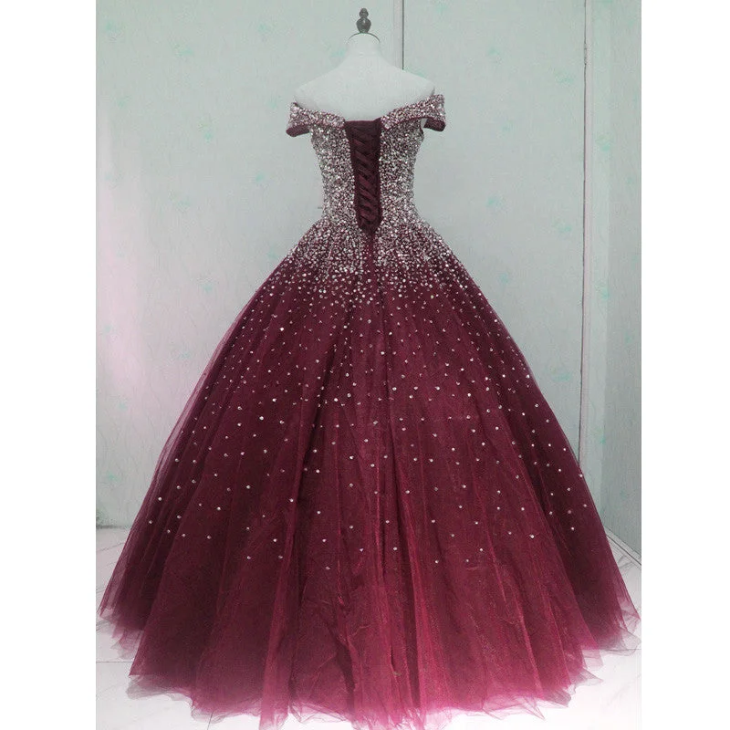 Gorgeous Sparkle Burgundy Off Shoulder Sweet 16 Gown, Burgundy Prom Dress Knitted unclassified dresses