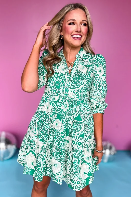 Green Paisley Printed Two Tone Split Neck Collared Three Quarter Sleeve Dress Smocked floral dresses