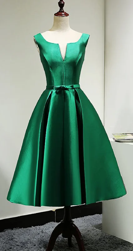 Green Satin Tea Length Bridesmaid Dress, Lovely Green Homecoming Dress Soft fabric unclassified dresses