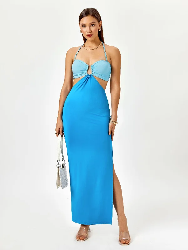 Halter Cut Out Color Clash Slit Dress Formal unclassified dresses