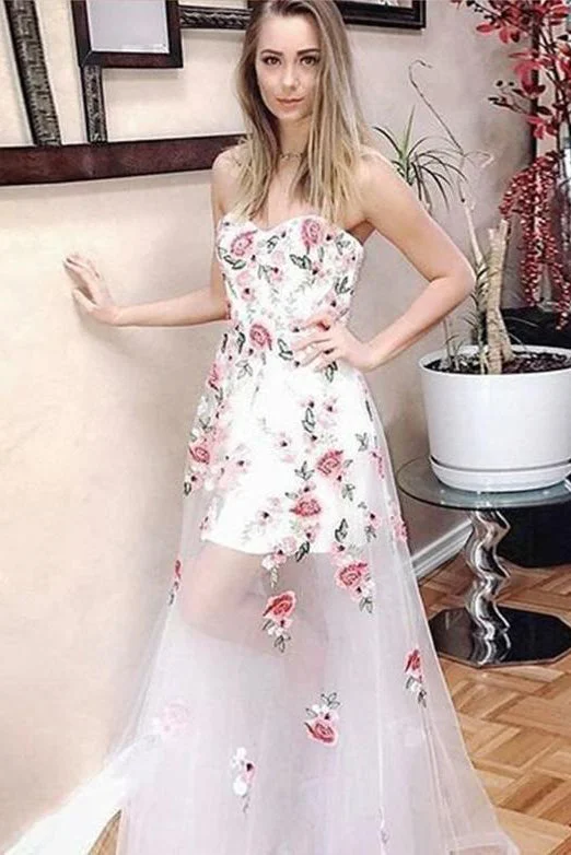 Ivory Floral Prints Sweetheart Strapless See Through Prom Dresses Long Party Dresses N1481 Cheap floral dresses