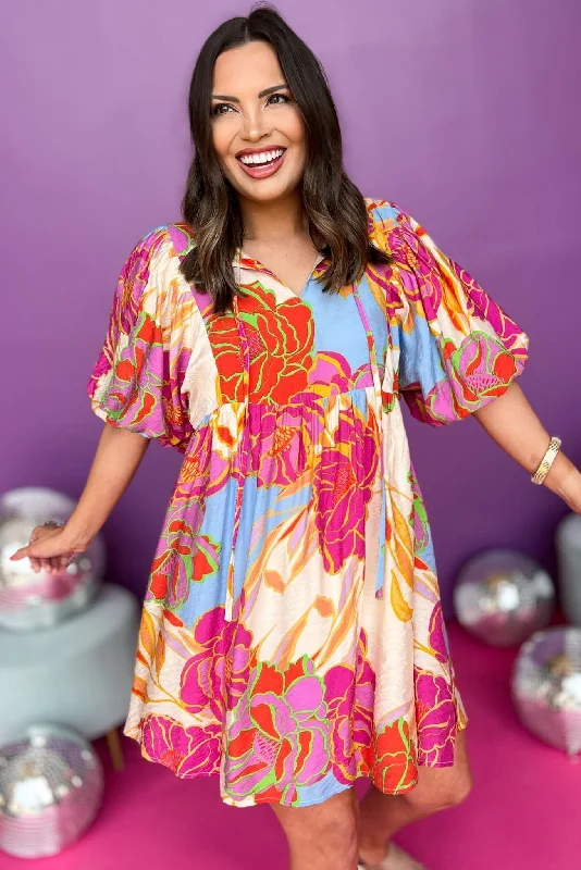 Ivory Multi Floral Tie Neck Half Balloon Sleeve Dress Best floral dresses for curvy figures