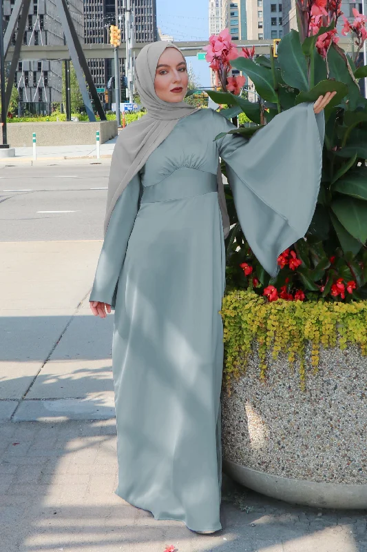 LaMeera Drape Sleeves Satin Dress - Mint Gray Halter unclassified dresses