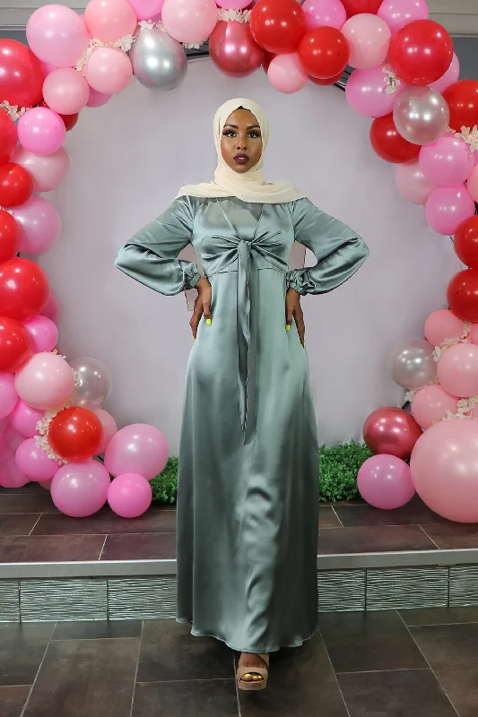 LaMeera Tie Front Satin Dress - Mint Gray Smocked unclassified dresses