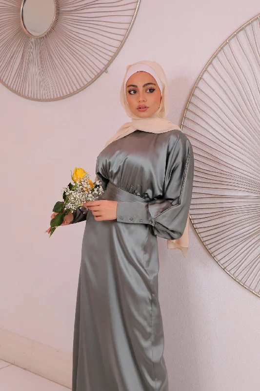 Liliana Batwing Satin Dress - Mint Gray Off-shoulder unclassified dresses