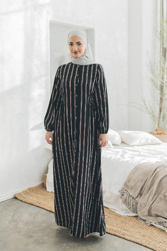 Maya Stripe Shirred Dress- Black Breathable unclassified dresses