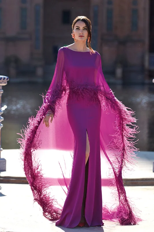 Mermaid crepe dress with feathered cape Party unclassified dresses