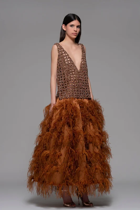 Mesh beaded bodice feathered dress Soft fabric unclassified dresses