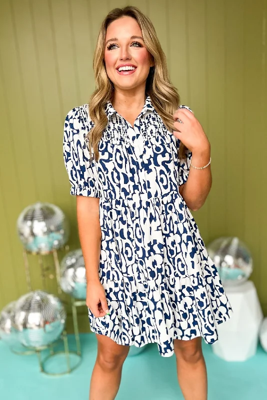 Navy Print Collared Smocked Yoke Wide Ruffled Hemline Dress Revolve floral dresses