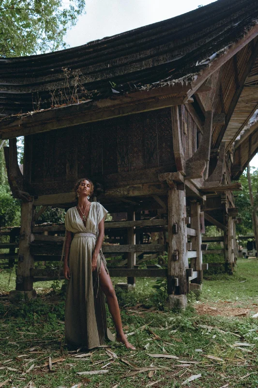 Off-White with Green Boho Dress • Bohemian Organically Dyed Dress Holiday unclassified dresses