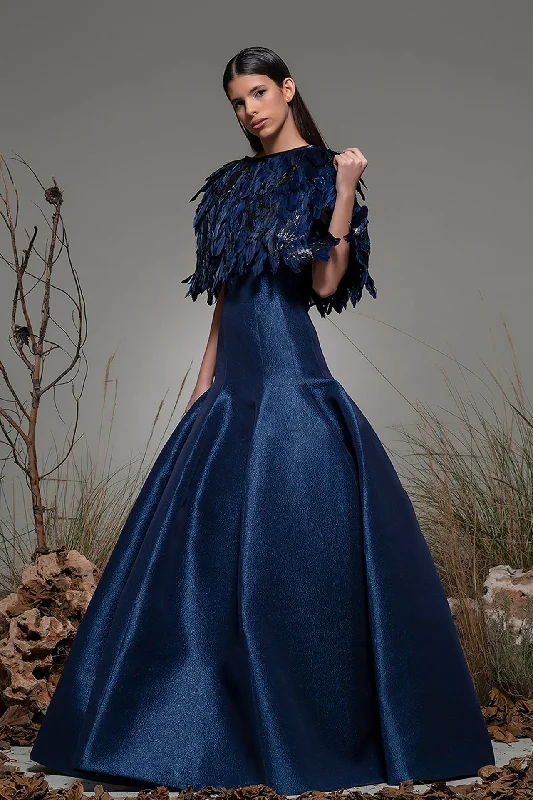 Pleated fit and flare gown featuring feathered cape Summer unclassified dresses