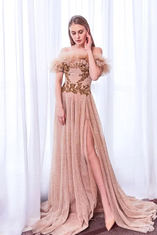 Pleated neckline gold beaded gown Tiered unclassified dresses